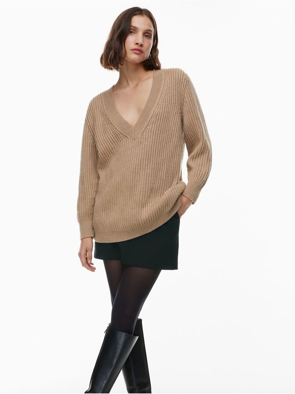 Aritzia BABATON 100% Merino Wool Camel Ribbed V-Neck Sweater